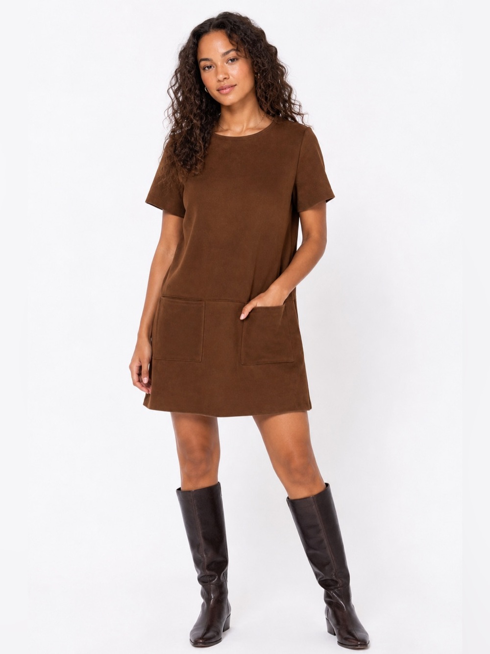 I Love Tyler Madison Brown Faux Suede Shift Dress Pockets Made in Canada Size M